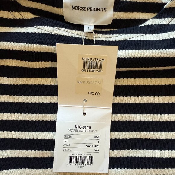 NWT Norse Projects Men’s Navy Stripe Long Sleeve Knit Sweater Size L - Picture 2 of 2